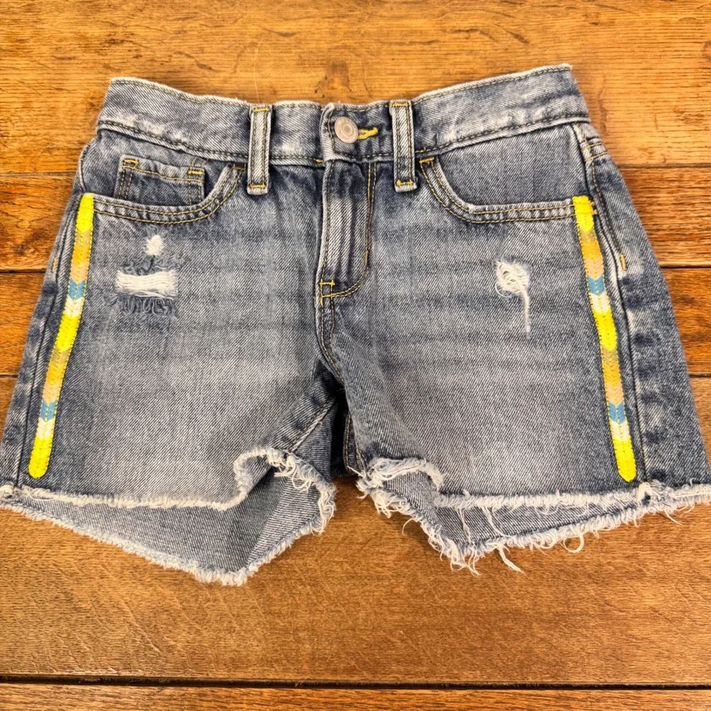 Old Navy Denim Shorts Girls 10 Blue Distressed Embroidered Side Trim Cut-Off